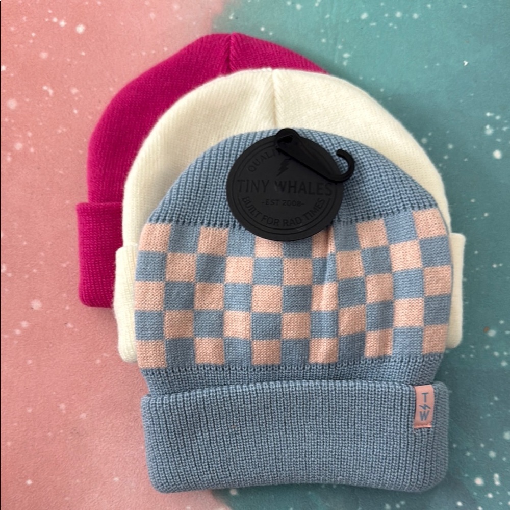Tiny whales toddler 2-5 year Kids Checkered Beanie - Blue and Pink set